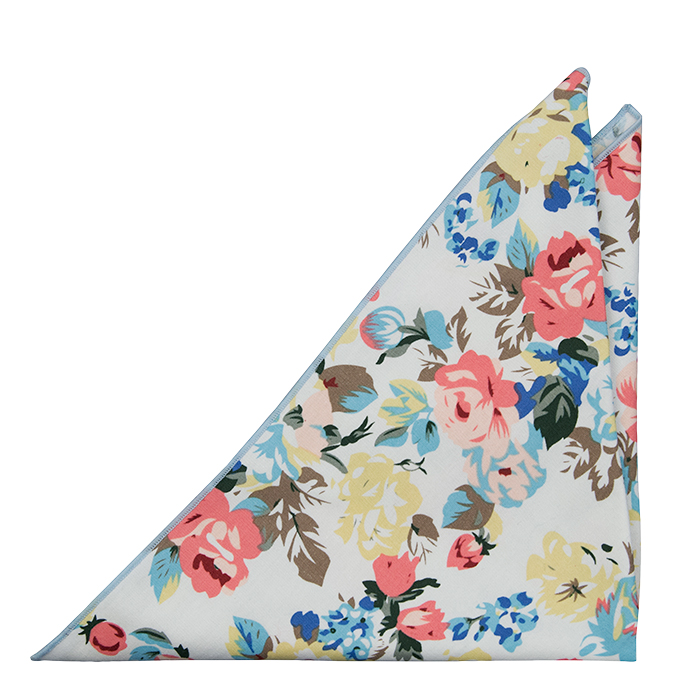 Bomull Lommetørkler, Rosa, blå & gule blomster & blader på hvitt, Notch GASPARD