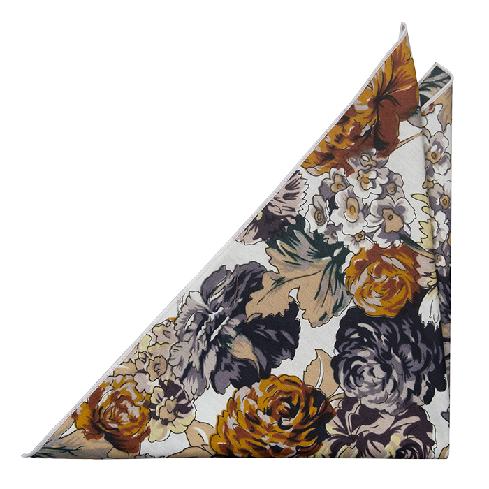 Bomull Lommetørkler, Blomster i beige,hvit, oransje og hvit kant, Notch CALLUM
