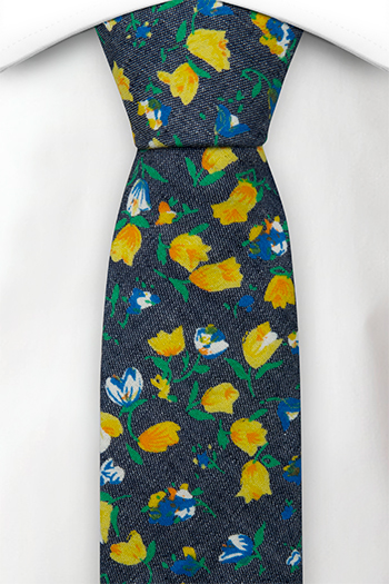 Bomull Gutteslips, Mørk denimblå med blomster i rav og blått, Blå, Blomster