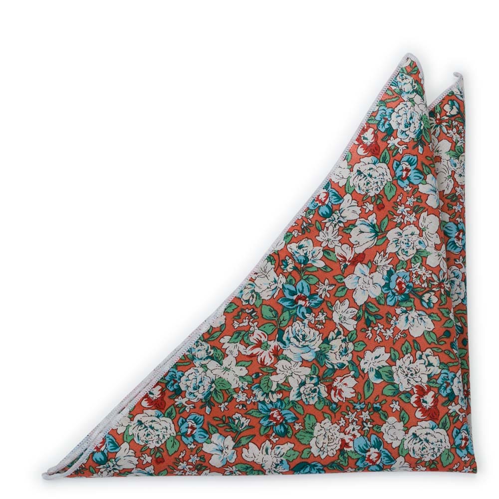 Bomull Lommetørkler, Turkise & hvite blomster på rustoransje, Oransje, Blomster