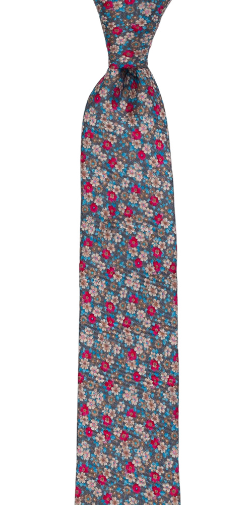 Silke Smale Slips, Hvite, beige & cerise miniblomster på mørkegrått