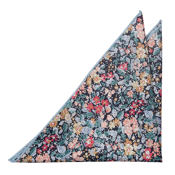Bomull Lommetørkler, Flerfargede blomster på marineblått & blå kant