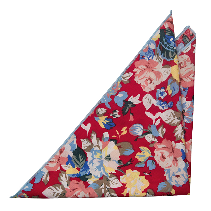 Bomull Lommetørkler, Rød bakgrunn, blå kant & gule, hvite & blå blomster