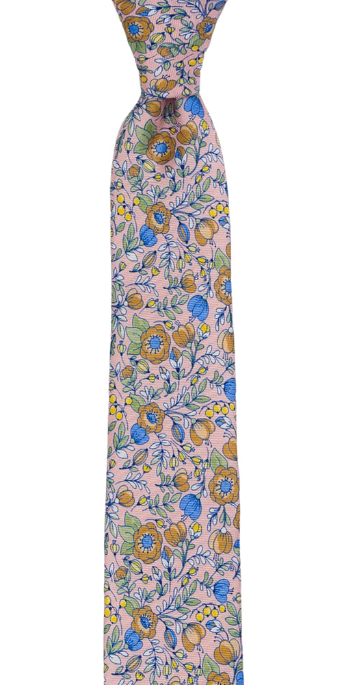 Silke Smale Slips, Blå, beige, grønne & gule blomster på blekrosa