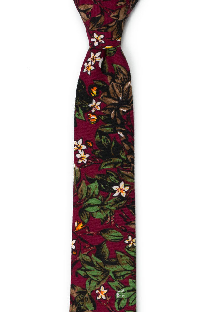 Bomull Smale Slips, Hvite blomster og grønne blader på burgunder, Rød, Blomster