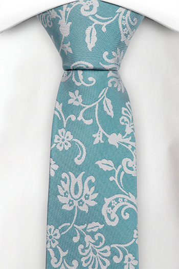 Silke Smale Slips, Cyan blå, gulhvit fiskebeinmønstrete blomster, Notch LEANDER