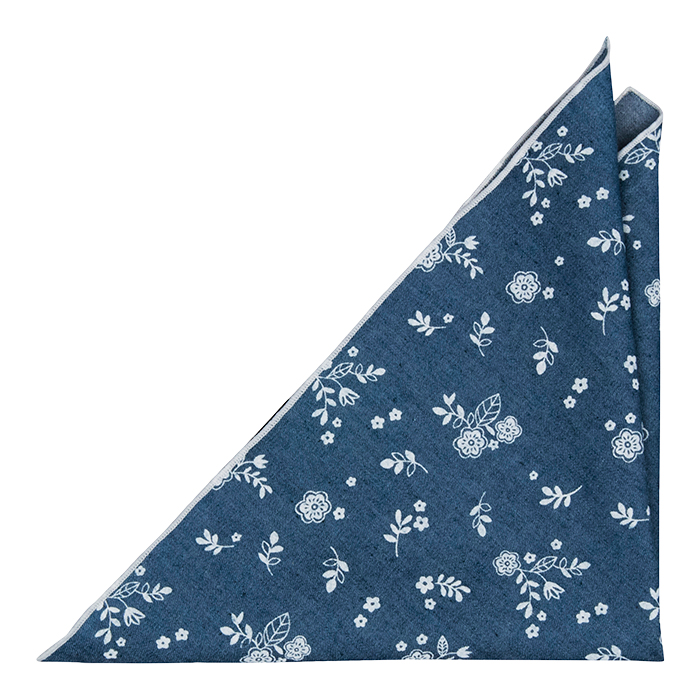 Bomull Lommetørkler, Små, skarpe, hvite blomster på denimblått, Blå, Blomster
