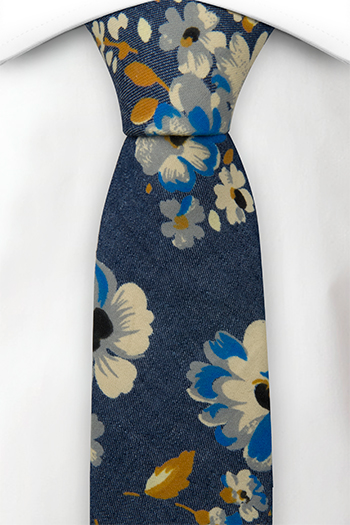 Bomull Smale Slips, Denimblått med blomster i hvitt, kobolt og sennep