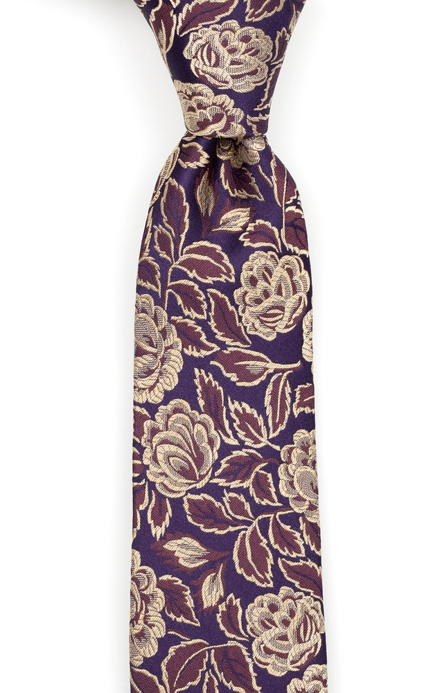 Silke Smale Slips, Blomster i gull & kanel på mørk aubergine, Gull, Blomstrete