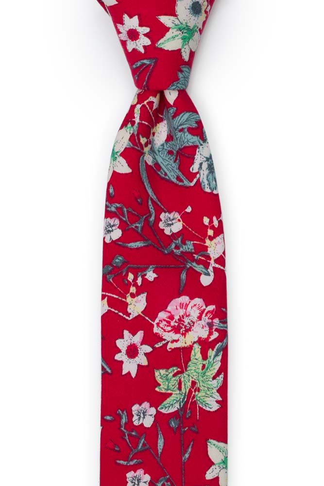 Bomull Smale Slips, Hvit, rosa & grønne blomster på intens rød, Rød, Blomster
