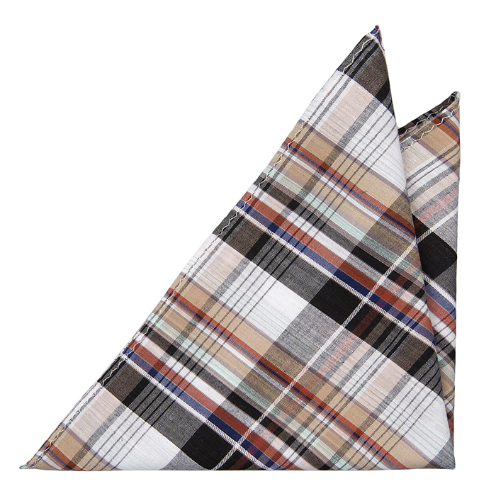 Bomull Lommetørkler, Svart og hvit tartan syret med karminrød og blå