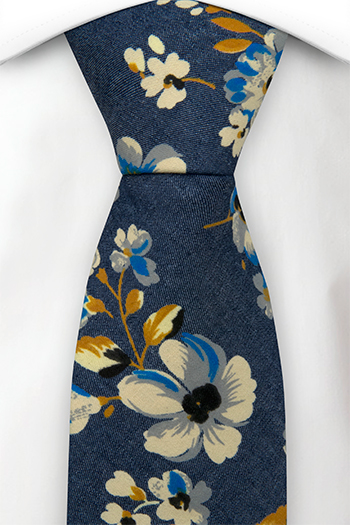 Bomull Slips, Denimblått med blomster i hvitt, kobolt og sennep, Blå, Blomster