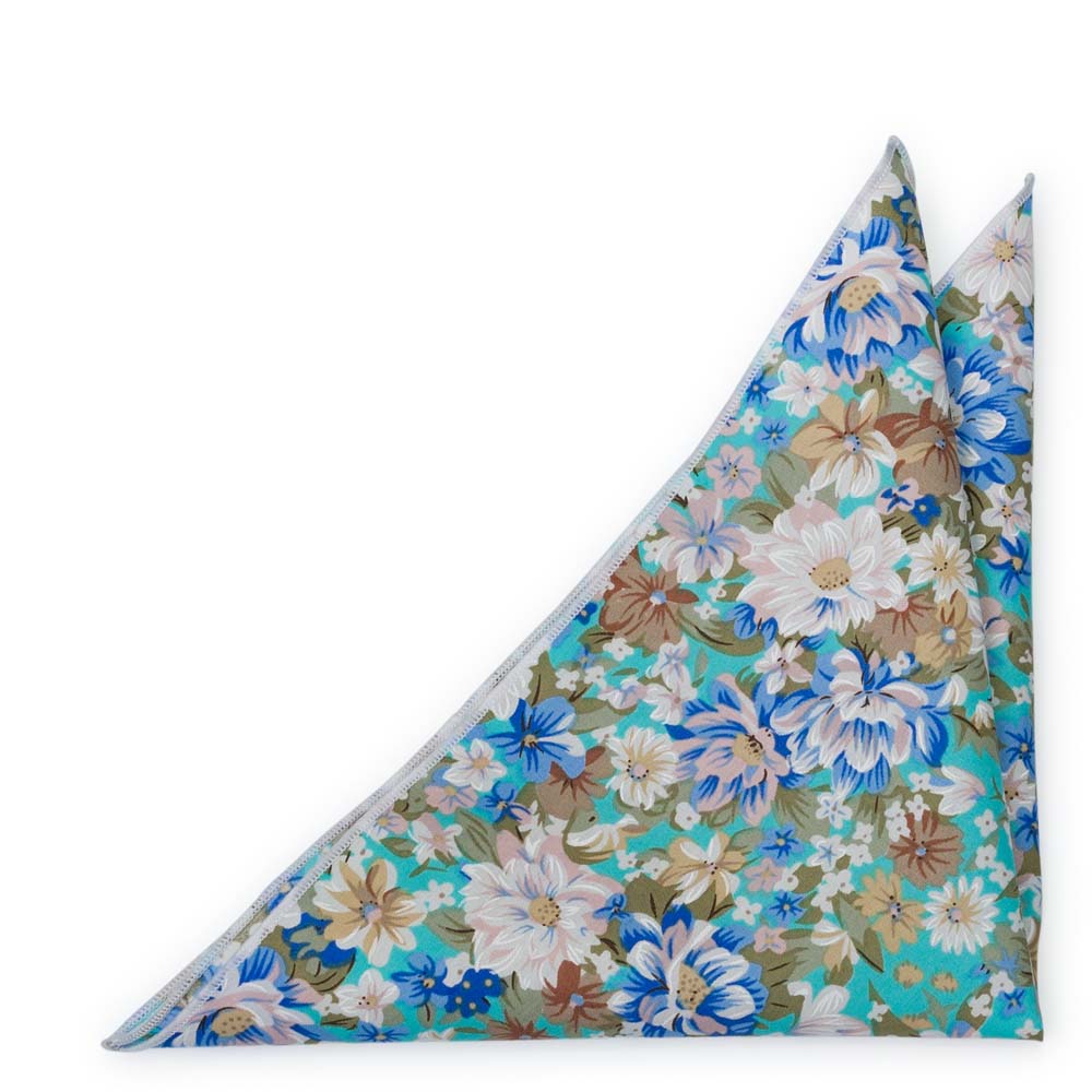 Bomull Lommetørkler, Blått, hvitt & olivenblomster på turkis, Turkis, Blomster
