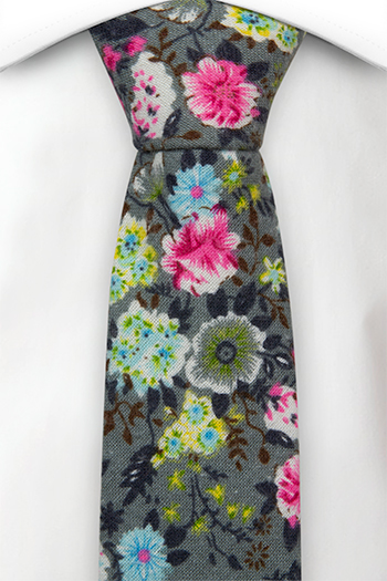 Bomull Smale Slips, Rosa, blå, gule & grønne blomster på grått, Grå, Blomstrete