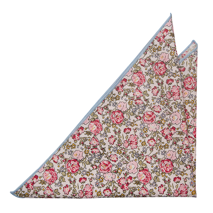 Bomull Lommetørkler, Rosa, blå & gule blomster på rosa med blå kant, Notch JOOST