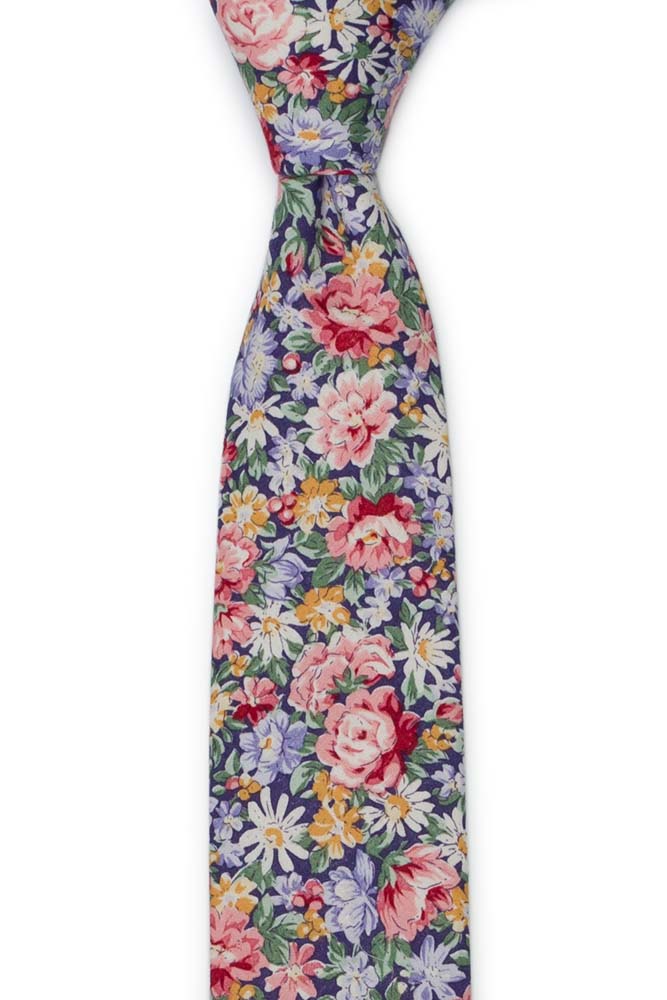 Bomull Smale Slips, Rosa, blå, gule & grønne blomster på mørk lilla