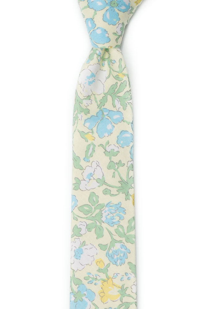 Bomull Smale Slips, Gule, blå & hvite blomster på blekeste gult, Gull, Blomster