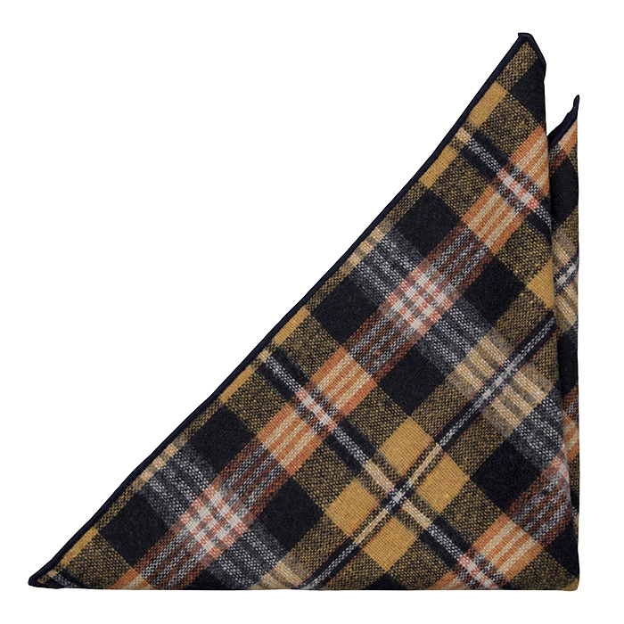 Ull Lommetørkler, Mustard, black, navy & orange plaid & navy edging, Notch DEJAN