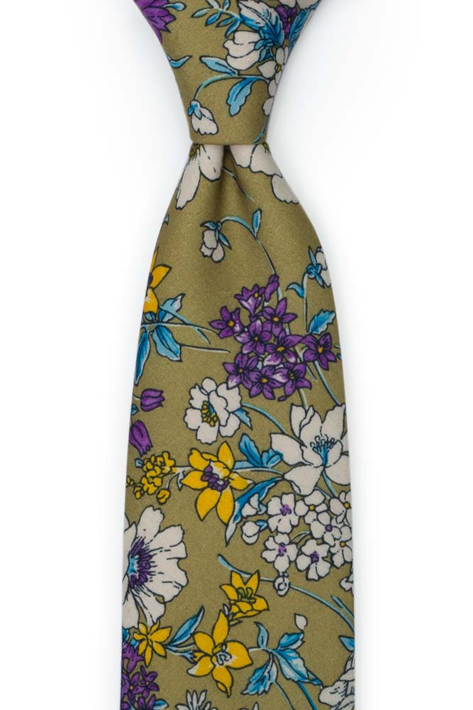 Bomull Slips, Lilla, hvite, blå & gule blomster på oliven, Grønn, Blomster