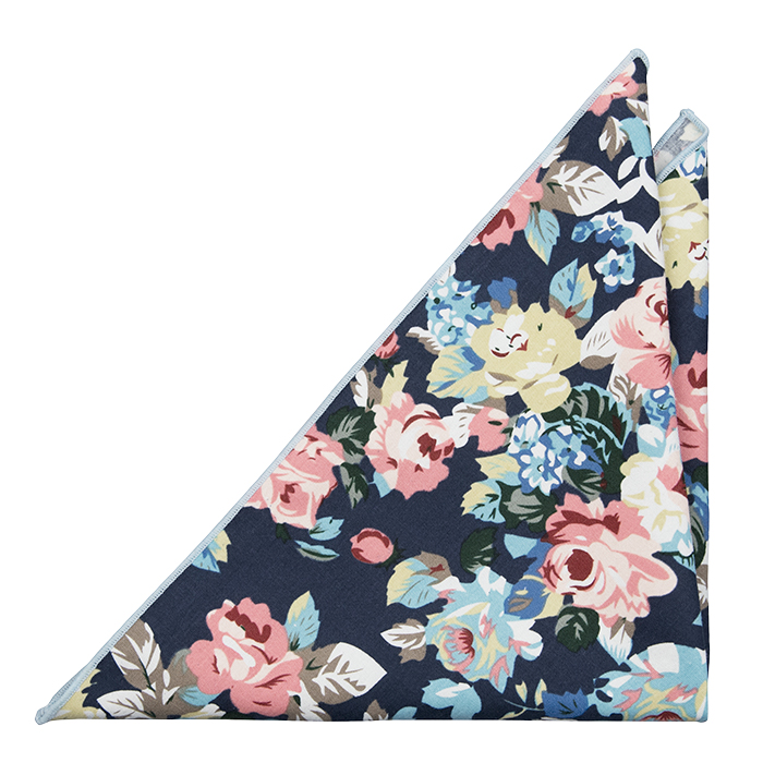 Bomull Lommetørkler, Rosa, blå & gule blomster & blader på blå base, Notch GUY