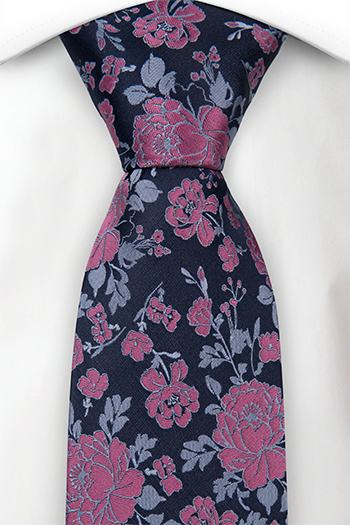Silke Slips, Mørk marineblå sateng, rosa roser & lyseblå blader, Blå, Blomster