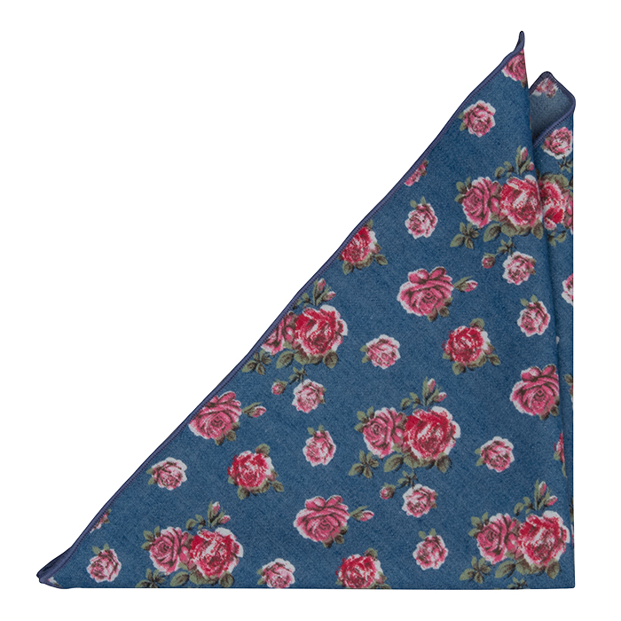 Bomull Lommetørkler, Denimblått med røde og rosa roser, Blå, Blomster