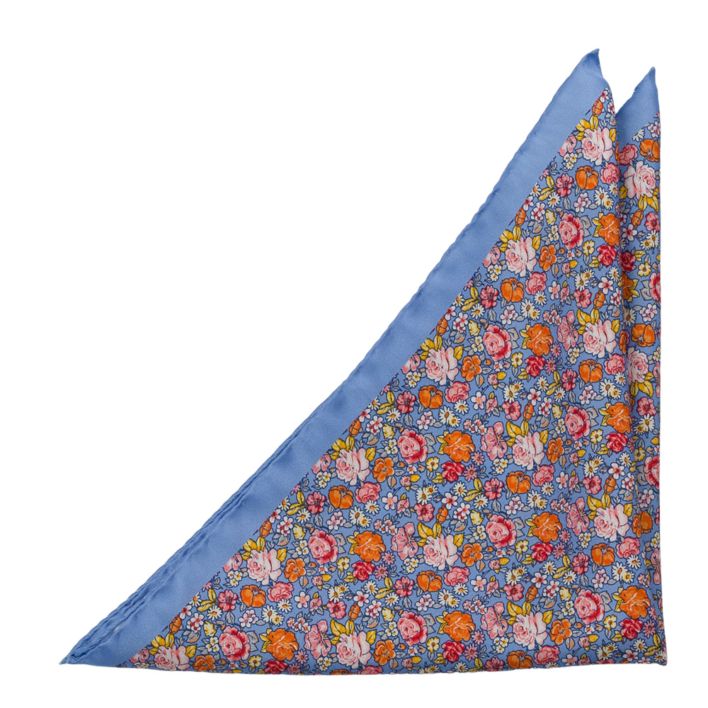 Silke Lommetørkler, Oransje, blekrosa & hvite blomster på lyseblått