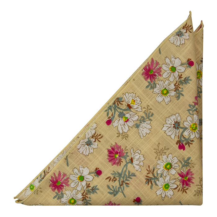 Bomull Lommetørkler, Hvite & rosa blomster på gulbeige base, Beige, Blomstrete