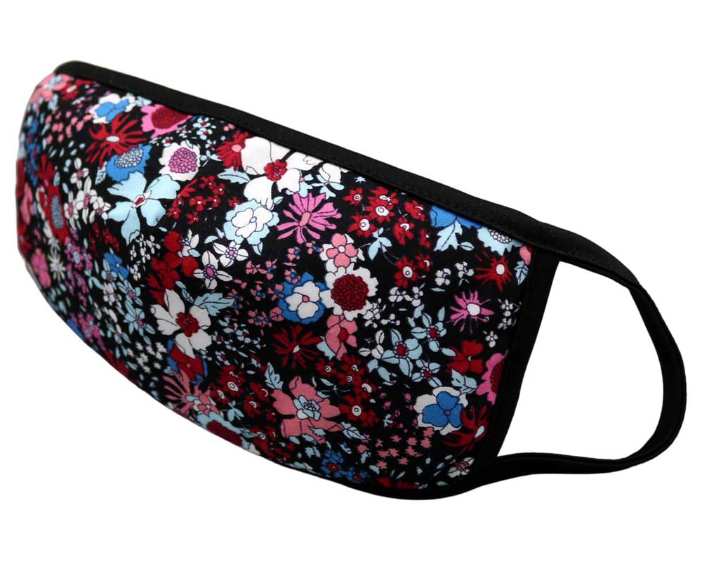 Bomull Ansiktsmask, Røde og blå blomster på svart, Svart, Flowers