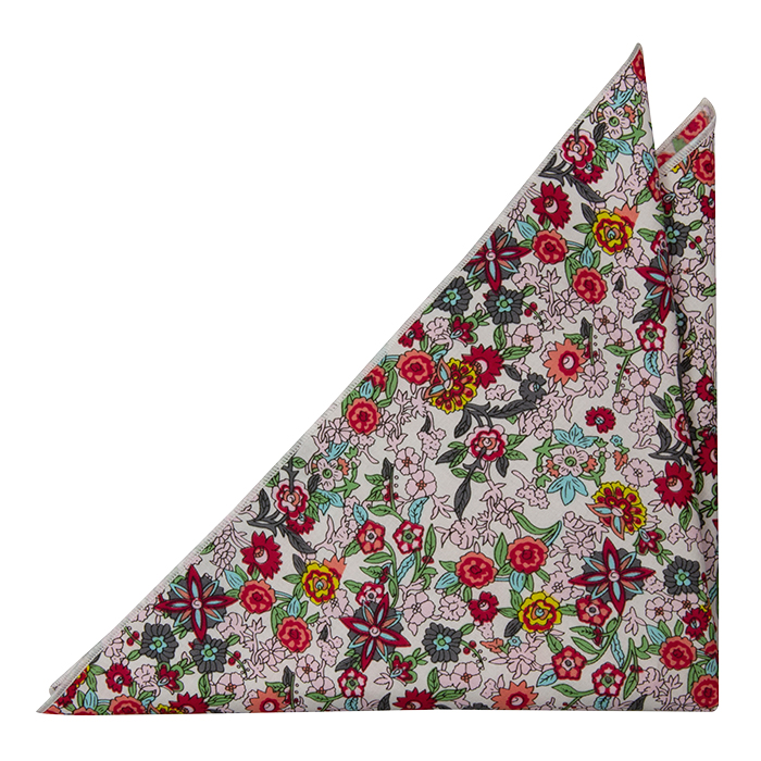 Bomull Lommetørkler, Flerfargede blomster på hvit base, Hvit, Blomstrete