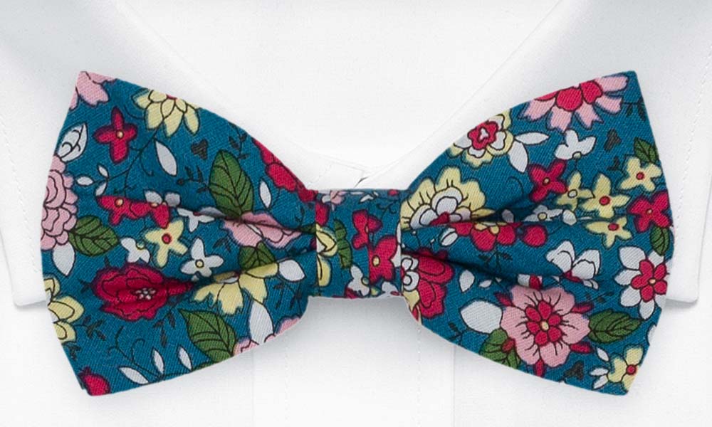 Bomull Sløyfer Knyttede, Blomster i rødt, rosa, gult og mørk Bondi Blue