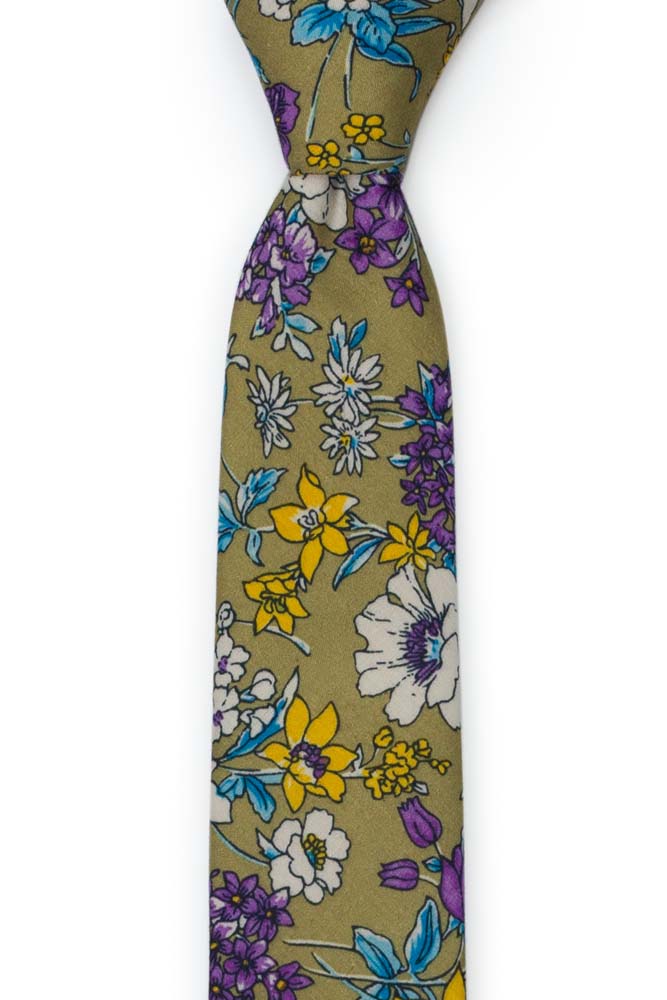 Bomull Smale Slips, Lilla, hvite, blå & gule blomster på oliven, Grønn, Blomster