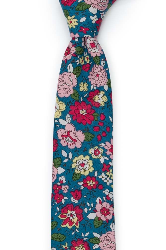 Bomull Smale Slips, Blomster i rødt, rosa, gult og mørk Bondi Blue