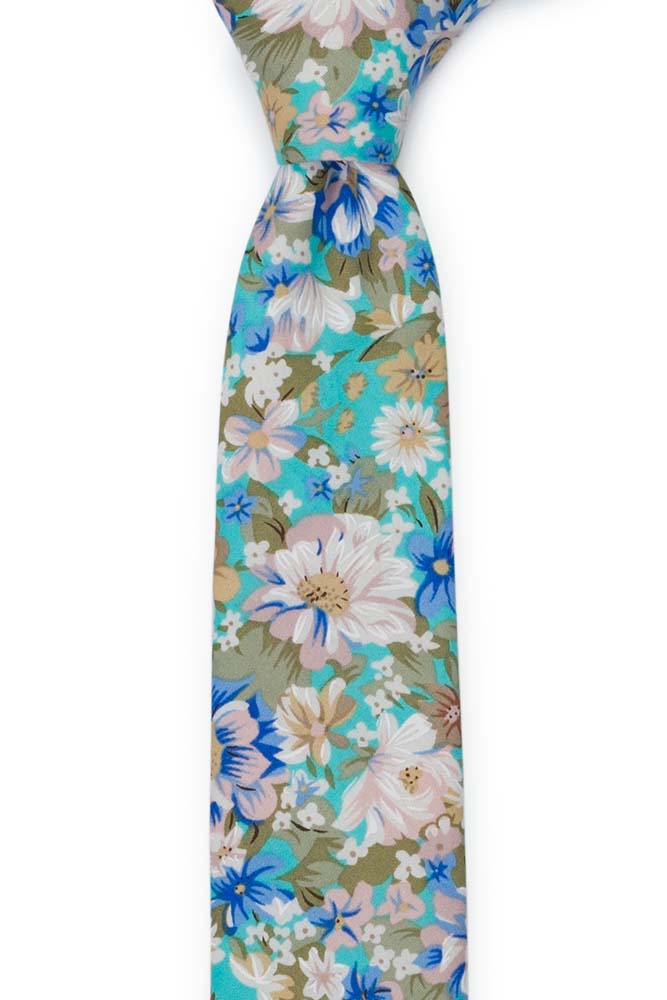 Bomull Smale Slips, Blått, hvitt & olivenblomster på turkis, Turkis, Blomster