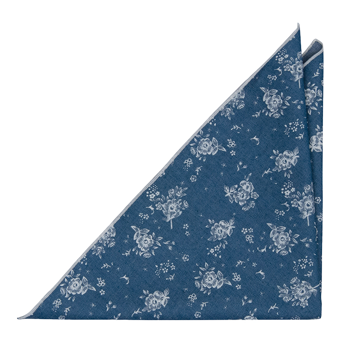 Bomull Lommetørkler, Myke, hvite roser på denimblått, Blå, Blomster