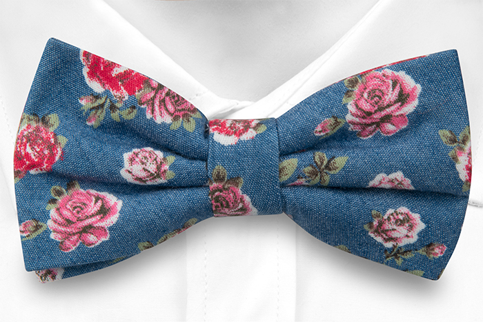 Bomull Sløyfer Knyttede, Denimblått med røde og rosa roser, Blå, Blomster