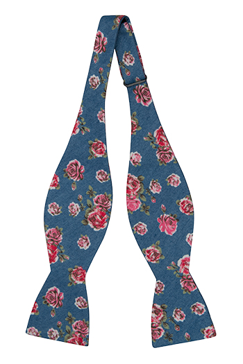 Bomull Sløyfer Uknyttede, Denimblått med røde og rosa roser, Blå, Blomster