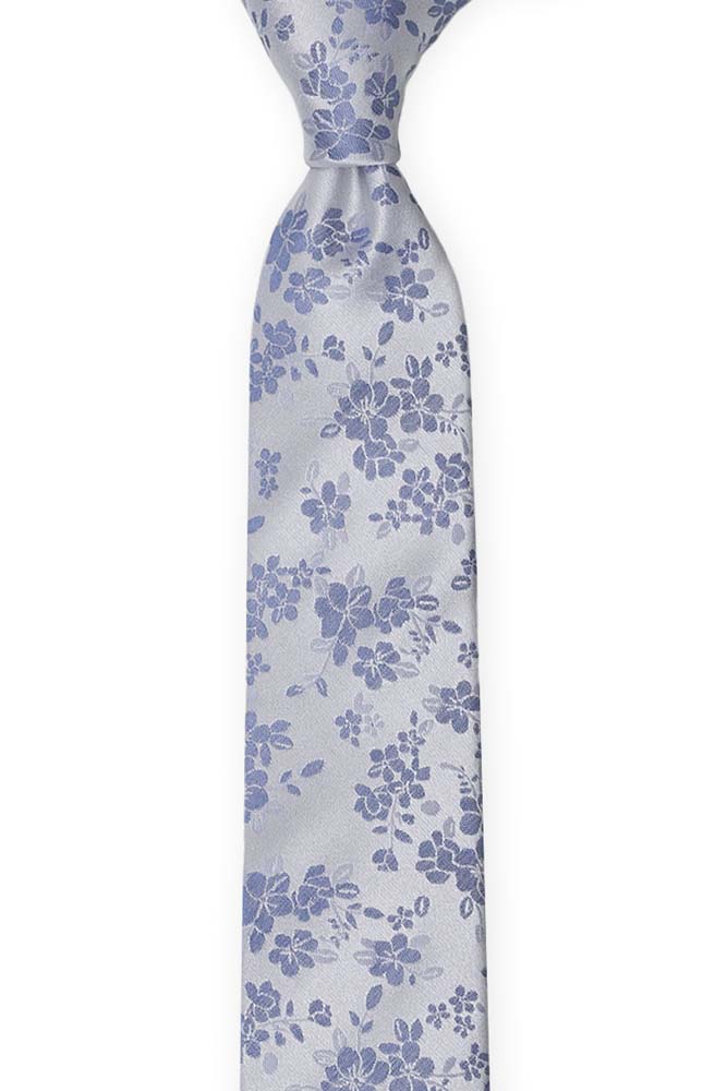 Silke Smale Slips, Blå blomster på sølvfarget, puldderblå base