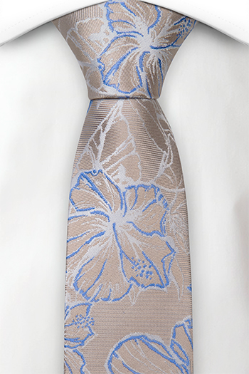 Silke Smale Slips, Metallisk beige kyper, store hvite & blå blomster