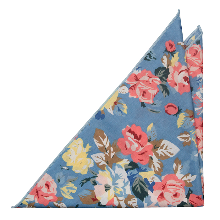 Bomull Lommetørkler, Gule og rosa blomster på blå bakgrunn og hvit kant