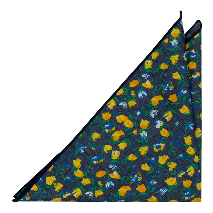 Bomull Lommetørkler, Mørk denimblå med blomster i rav og blått, Blå, Blomster