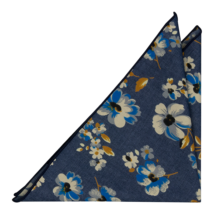Bomull Lommetørkler, Denimblått med blomster i hvitt, kobolt og sennep