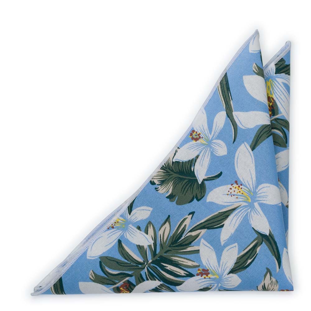 Bomull Lommetørkler, Hvite og grønne Hawaii-blomster på lyseblått, Blå, Blomster