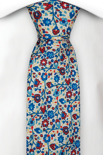 Silke Smale Slips, Små blå & røde blomster på hvit base, Hvit, Blomster