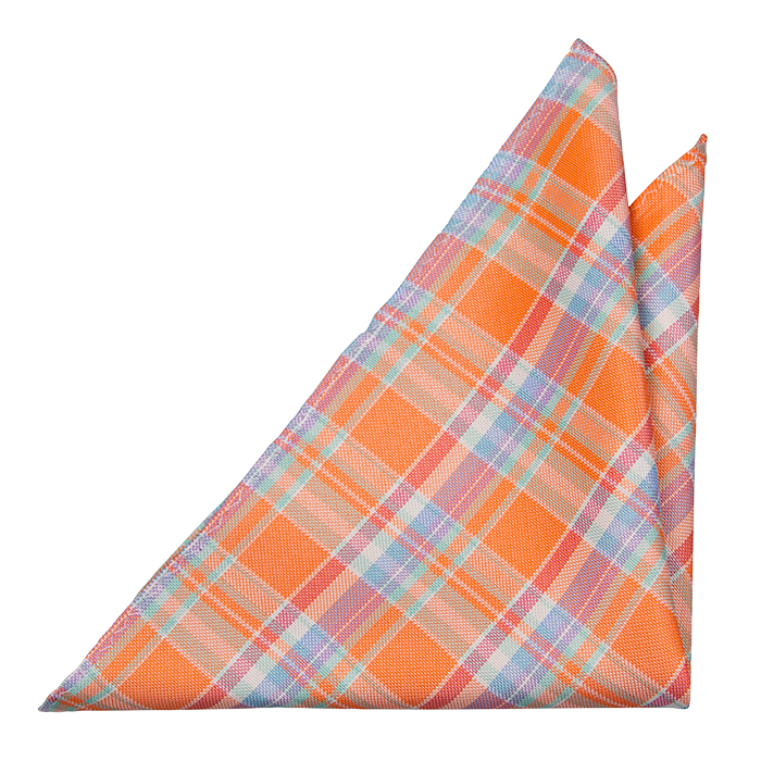 Silke Lommetørkler, Lys orange Madras pledd, med rød, blå og lilla, Notch DEEPAK