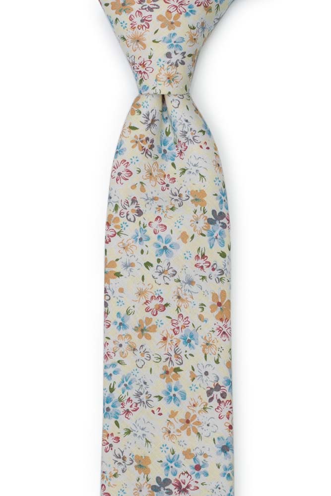 Bomull Gutteslips, Blå, brune og hvite blomster på blekeste gult, Gull, Blomster