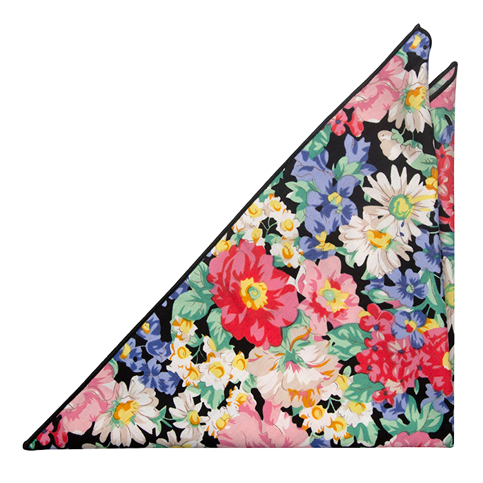 Bomull Lommetørkler, Fargerik blomsterprint med sort bakgrunn og kanter