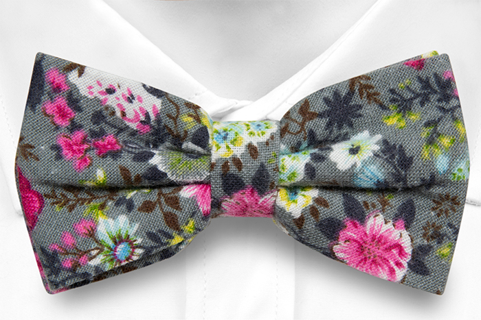 Bomull Sløyfer Knyttede, Rosa, blå, gule & grønne blomster på grått