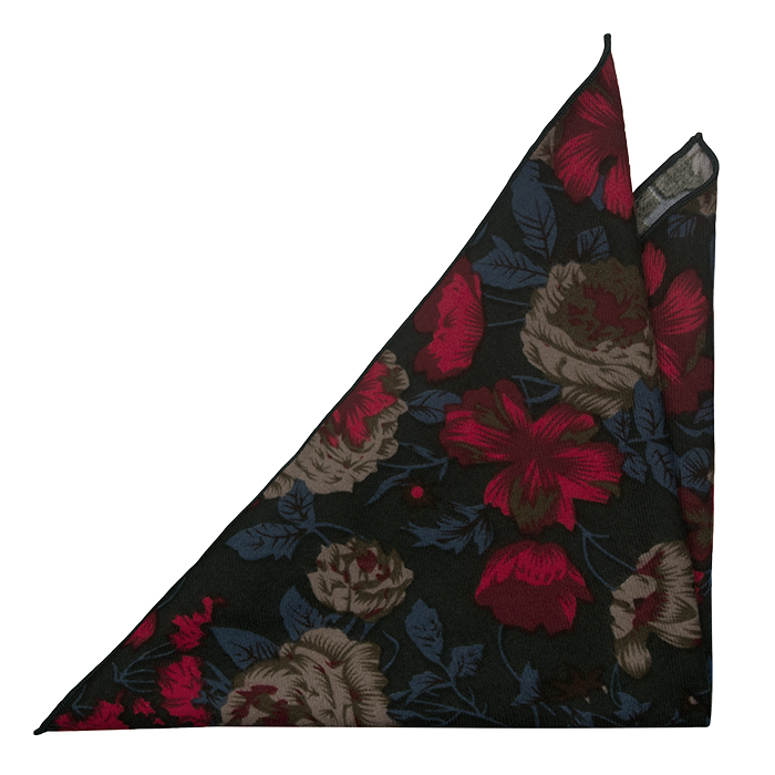 Bomull Lommetørkler, Grønn bakgrunn og kant med beige, rødblå blomster