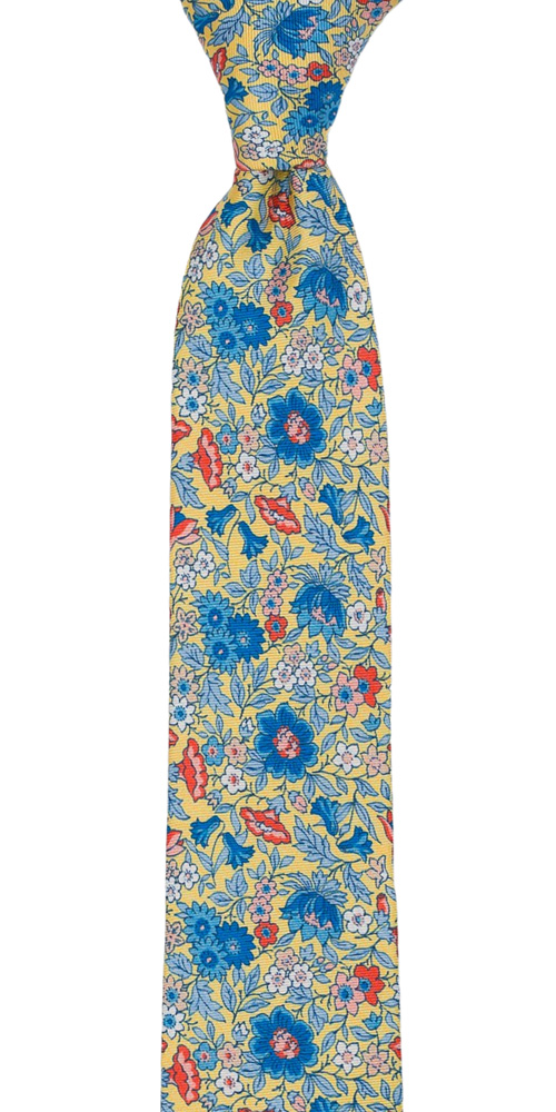 Silke Smale Slips, Blå, oransje & hvite blomster på jasmingult, Gull, Blomster